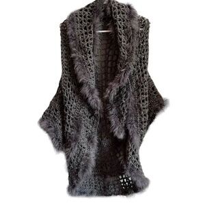 Laseine Crochet Faux Fur Trim Open Front Cardigan Vest Gray Large